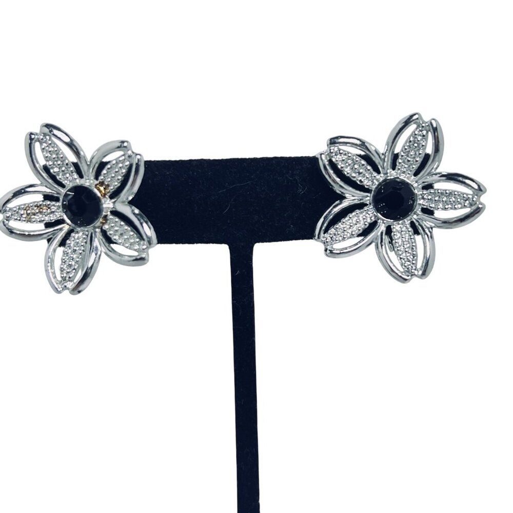 Sarah Cov Silver Tone W/Black Rhinestone Bracelet, Clip Earrings & Brooch (5689) - Picture 3 of 10